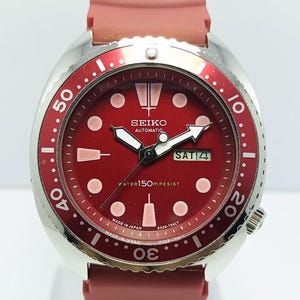 Refurbished Vintage Seiko Turtle Red Dial Luminous Indices Day&Date Automatic Japan Made 6309 Wrist Watch For Men's In Working Condition