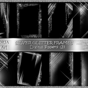Könnte beinhalten: Acht silberne Glitzerrahmen, Überlagerungen und Hintergründe. Jeder Rahmen ist 12,7 x 17,8 cm groß und hat 300 dpi.