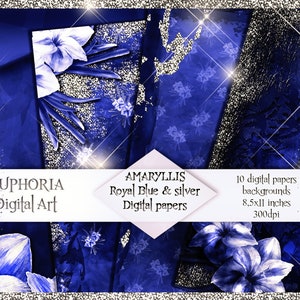 Papiers numériques floraux bleu roi et argent AMARYLLIS 8,5 x 11 po, arrière-plans scrapbooking, impression mariage, découpage, 300 dpi-téléchargement instantané