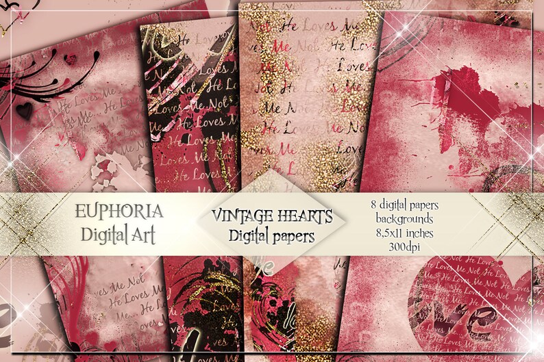 VINTAGE HEARTS Red, Pink & Gold Digital Papers 8,5'x11' Valentine