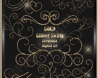 Puede incluir: Un conjunto de remolinos de purpurina dorada, con el texto "GOLD Glitter Swirls EUPHORIA Digital Art" en el centro.