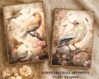 May include: Two framed wall art prints featuring birds and flowers in soft beige, pink, and blue tones. The text reads VINTAGE BIRDS WALL ART SET and 8 PRINTABLE WALL ART PRINTS 4 x A4 + 4 x square HIGH RESOLUTION JPEG FORMAT.