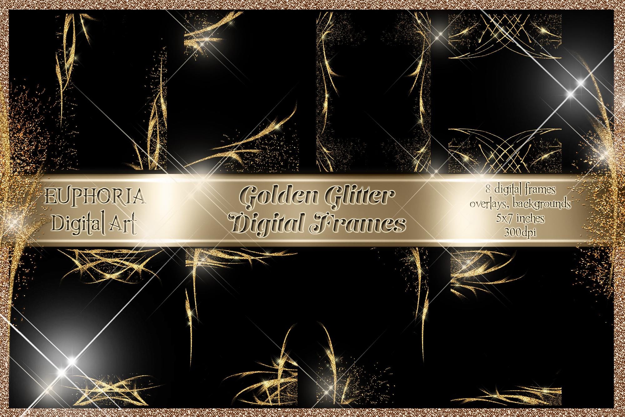 GOLD GLITTER Digital Frames (3) Overlays Backgrounds Scrapbook Sparkle ...