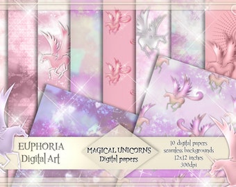 MAGICAL UNICORNS (pink) digital papers backgrounds seamles scrapbooking prints sparkle glitter glowing pink girl 300 dpi instant download