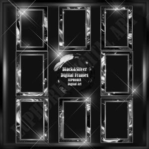 Puede incluir: Nueve marcos digitales negros y plateados con un efecto brillante. Los marcos están dispuestos en una cuadrícula de 3x3. El texto "Black & Silver Digital Frames" y "Euphoria Digital Art" está en el centro de la imagen.