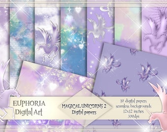 MAGICAL UNICORNS 2 (purple) digital papers backgrounds scrapbooking prints sparkle glitter glowing purple girl 300 dpi instant download