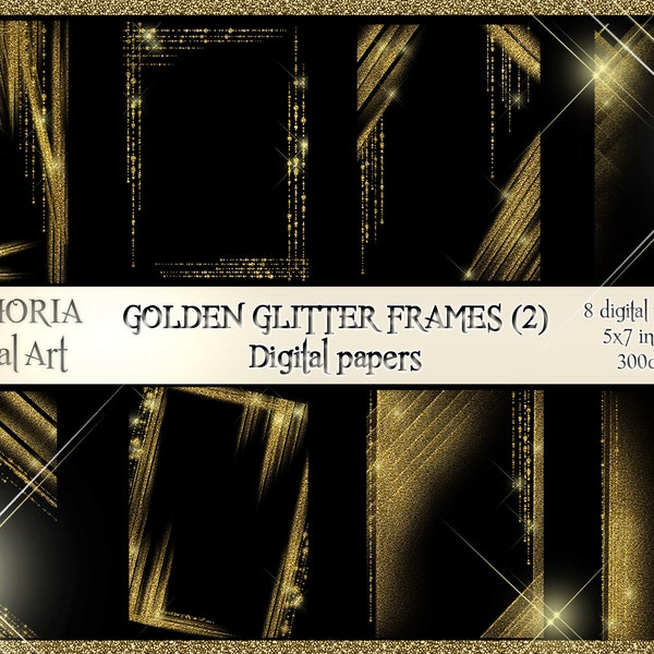 GOLD GLITTER digital frames (2) overlays backgrounds scrapbook sparkle wedding prints glitter PNG 5'x7' decoupage 300dpi instant download