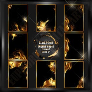 BLACK & GOLD digital paper pages frames overlays backgrounds gold sparkle wedding prints glitter PNG gold elegant wedding invitation cards
