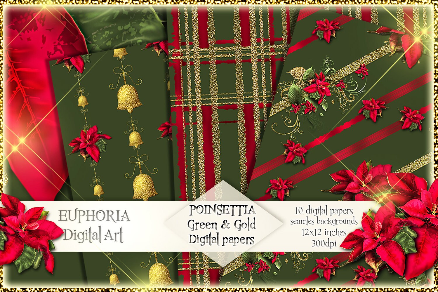 POINSETTIA Green & Gold Floral Digital Seamless Papers POINSETTIA Green & Gold Floral Digital Seamless Papers