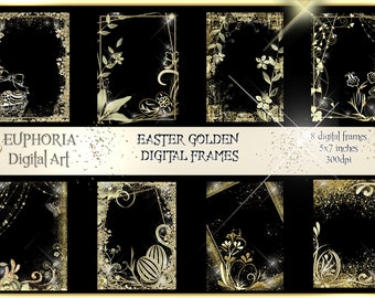Gold Glitter Easter Frames, Scrapbook Overlays (Digital Download)