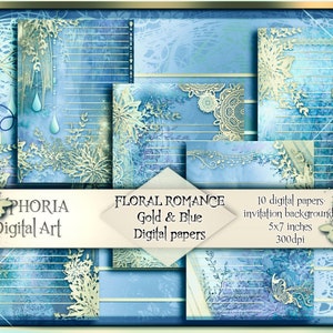 FLORAL ROMANCE Blue & Gold vintage digital papers 5'x7' backgrounds scrapbook pages deco wedding prints decoupage 300dpi instant download