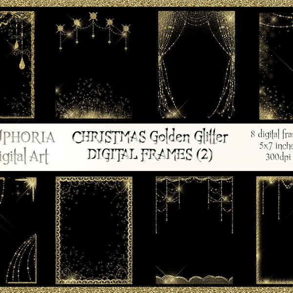GOLD Glitter CHRISTMAS digital frames (2) overlays backgrounds scrapbook sparkle glitter prints PNG 5'x7' decoupage 300dpi instant download