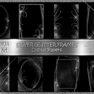 Peut inclure: Huit cadres argentés scintillants sur fond noir. Les cadres sont de formes et de tailles variées, notamment des cercles, des carrés et des rectangles. Les cadres mesurent 12,7 x 17,8 cm et 300 dpi.