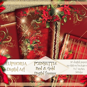 POINSETTIA Red & Gold Christmas digital frames backdrops papers invitation cards vintage scrapbooking decoupage 300 dpi instant download