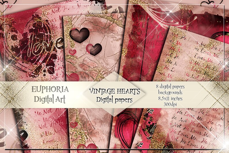VINTAGE HEARTS Red, Pink & Gold Digital Papers 8,5'x11' Valentine