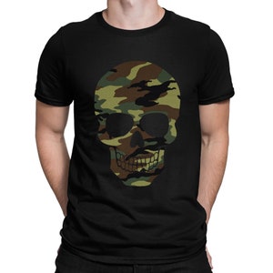 May include: Black t-shirt with a camouflage skull graphic.