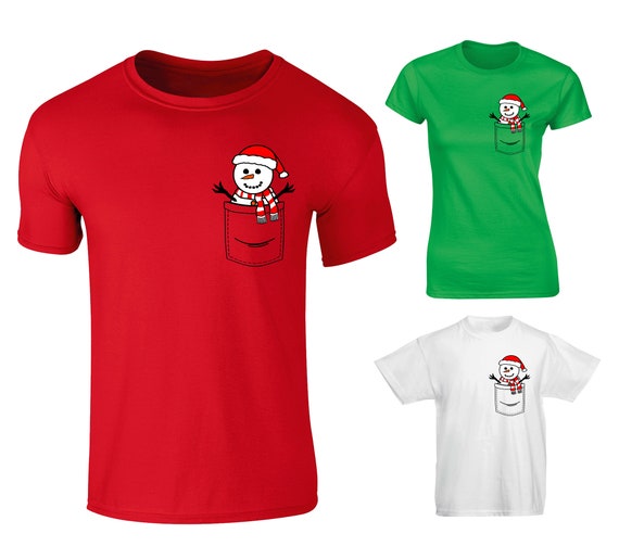 Kids Childrens Snowman In Pocket Print Christmas Festive T-shirt 5-13 Years