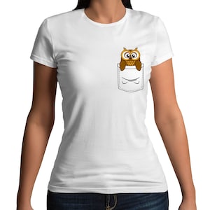 Owl In Printed Pocket Cute Bird Funny T-Shirt - Mens Womens and Kids Sizes