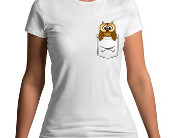 Owl In Printed Pocket Cute Bird Funny T-Shirt - Mens Womens and Kids Sizes