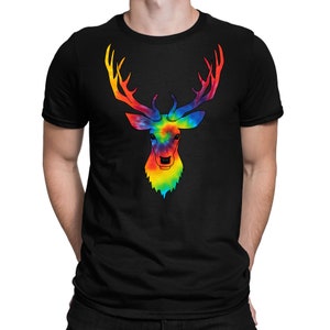 May include: A black t-shirt featuring a tie-dye deer head design. The deer has antlers and a rainbow pattern.