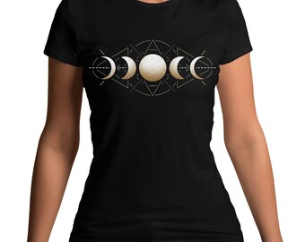May include: A black women's t-shirt with a gold geometric design featuring five moons in different phases.
