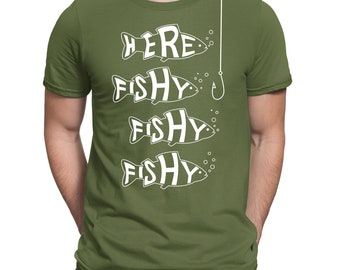 Here Fishy Fishy Angling Fisherman Fishing Gift Funny Slogan T-Shirt - Mens Womens and Kids Sizes