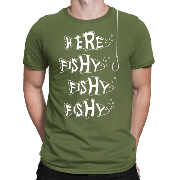 Here Fishy Fishy Angling Fisherman Fishing Gift Funny Slogan T-Shirt - Mens Womens and Kids Sizes