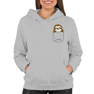 May include: A gray hooded sweatshirt with a front pocket featuring a cartoon sloth peeking out.