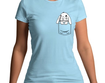 Rabbit In Printed Pocket Bunny Cute Funny T-Shirt - Mens Womens and Kids Sizes