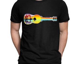 T-shirt Tropical Sunset Guitar Landscape Summer Beach Vibes - Uomo Donne e Bambini Taglie