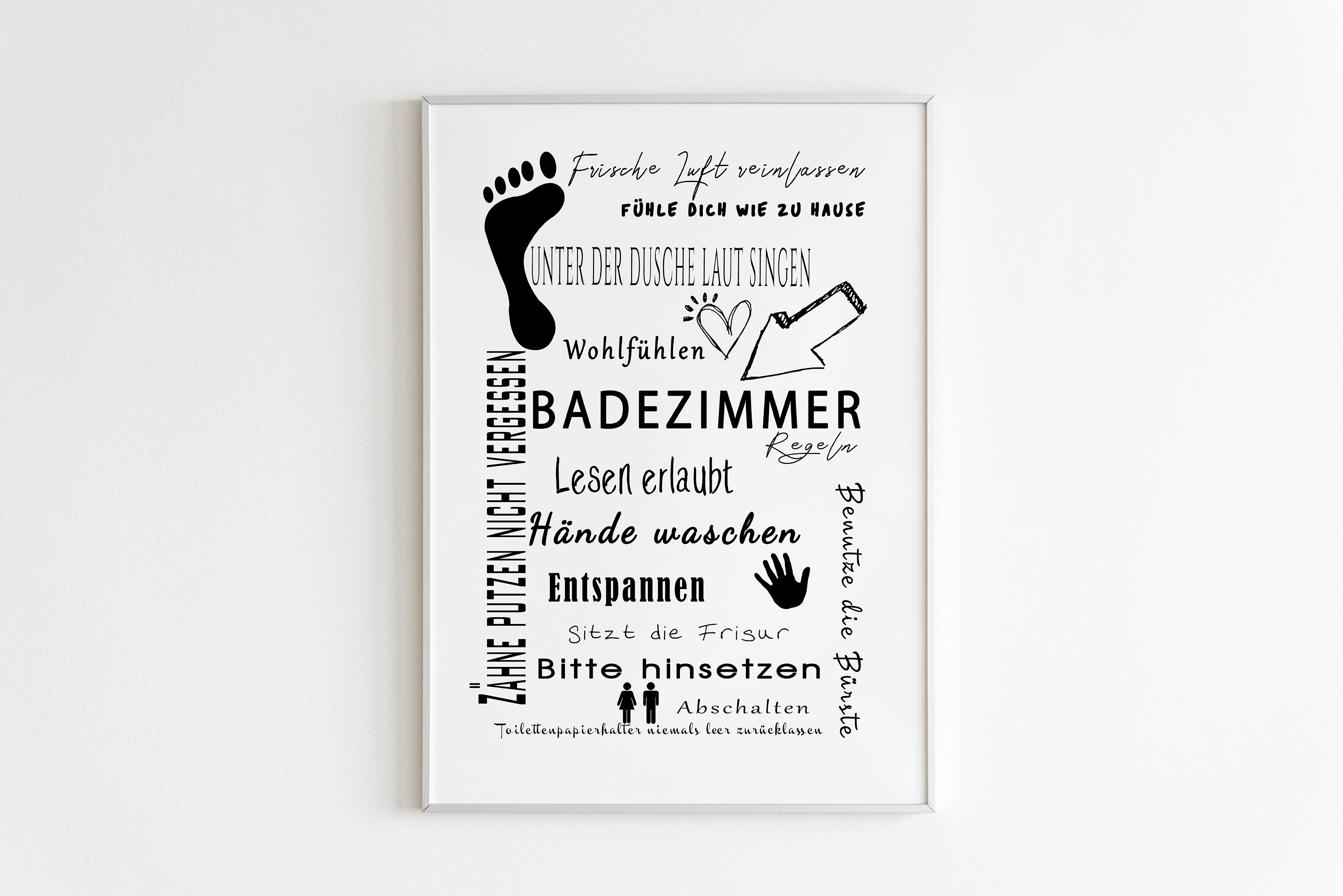 kunstdruck-wandbild-badezimmerregeln-spruch-toilette-modern art-poster  wc-skandinavisch-nordisch-typografie-dina4