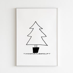 Könnte beinhalten: Schwarz-weiß-Linienzeichnung eines Weihnachtsbaums in einem Topf mit dem Text "TANNENZAUBERDUFT" darunter.
