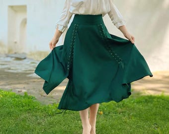 Linen Renaissance Lace Up Skirt, Medieval Festival Maxi Skirt, Ren Faire LARP Costume, Cottagecore Fantasy Skirt with Adjustable Slits