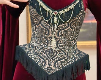 Renaissance Fringe Corset, Jacquard Overbust Bodice, Historical LARP Corset, Dark Fantasy Corset, Ren Faire Outfit