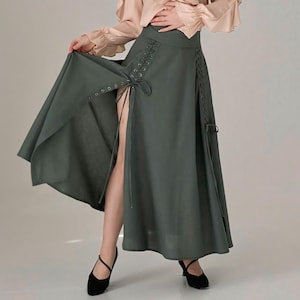 Ren faire skirt, Split lace up peasant skirt, Custom cosplay clothing, Linen skirt with slits, Cottagecore skirt, Viking style women clothes