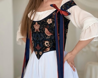 Cottagecore Corset with Birds and Flowers, Back Lacing Renaissance Corset, Custom Overbust Corset Top, Ren Faire Corset with Floral Design