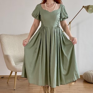Cottagecore corset dress, Linen renaissance dress, Romantic ren faire gown, Edwardian festival outfit, Lace up fairy dress, Victorian dress