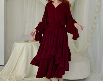 Asymmetrischer Doppelschicht-Vintage-Rock mit Rüsche, Individueller Taillenrock, Renaissance-Kostüm für Damen, Bluse mit weiten Ärmeln und Manschetten