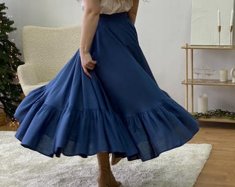 Linen Full Circle Skirt with Ruffle Hem, Cottagecore Maxi Skirt, Rustic Peasant Outfit, Renaissance Boho Skirt, Handmade LARP Costume