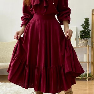 Full Circle Linen Skirt with Ruffle Hem, Custom Waist Elegant Skirt, Flowy Romantic Burgundy Skirt, Handmade Lightweight Skirt Women&#39;s Gift