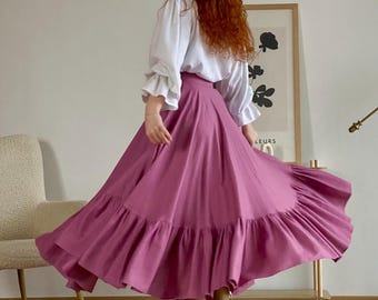 Falda de lino de vuelo completo con dobladillo de volantes, falda maxi estilo cottagecore, falda boho de talle alto, falda fluida estilo festival renacentista para mujer.