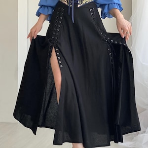 Gonna in lino rinascimentale, gonna in costume storico con spacchi laterali, gonna contadina medievale, abbigliamento da festival fantasy, gonna cottagecore