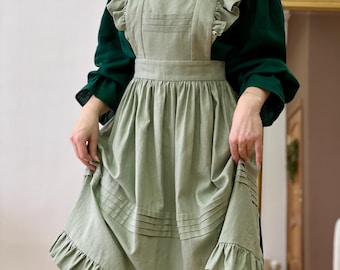 Ruffle Pinafore Apron, Cottagecore Linen Apron Dress, Vintage Style Hostess Gift, Retro Baking Kitchen Apron with Adjustable Straps
