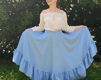 Spódnica maxi z lnu z falbanką, długa spódnica w stylu cottagecore, spódnica w stylu boho-wiejskim, spódnica z wysokim stanem i zwiewna, spódnica renesansowa