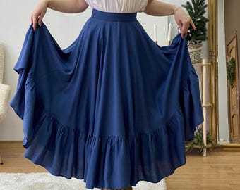 Custom Linen Circle Skirt with Ruffle, High Waisted Cottagecore Maxi Skirt, Renaissance Long Skirt, Medieval Flowy Rustic Skirt Outfit