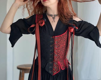 Red&Black Renaissance Corset, Medieval Jacquard Bodice, Gothic Victorian LARP Top, Fantasy Cosplay Corset, Historical Festival Outfit