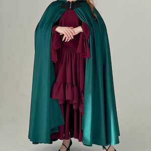 Medieval Hooded Cloak for Women, Long Satin Cape for Renaissance Fair, LARP and Cosplay Costume, Gothic Witch Robe, Fantasy Festival Outfit