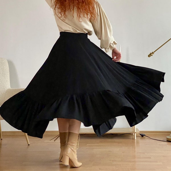 Gothic Black Maxi Skirt with Ruffle, Victorian Inspired Linen Skirt, Historical Costume Skirt, Renaissance Festival Clothing for Women