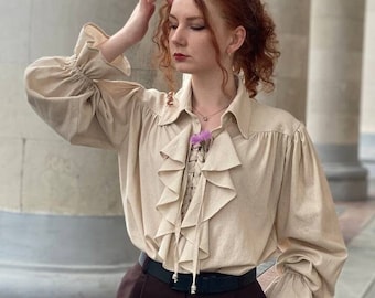 Vintage 70s Victorian Style Beige Ruffle High Collard and