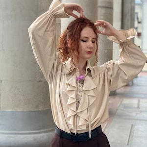 Beige linen pirate poet prince renaissance blouse victorian ruffle shirt for man and woman image 1